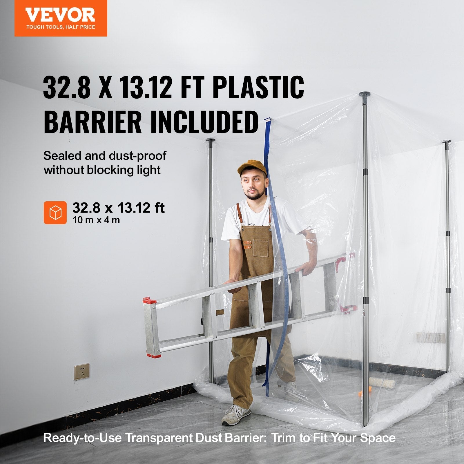 VEVOR Dust Barrier Poles, 12 Ft Barrier Poles, Dust Barrier System with 4 Telescoping Poles, Magnetic Zipper, Carry Bag and 32.8x13.12 Ft Plastic Film, for Interior Decoration, Painting 