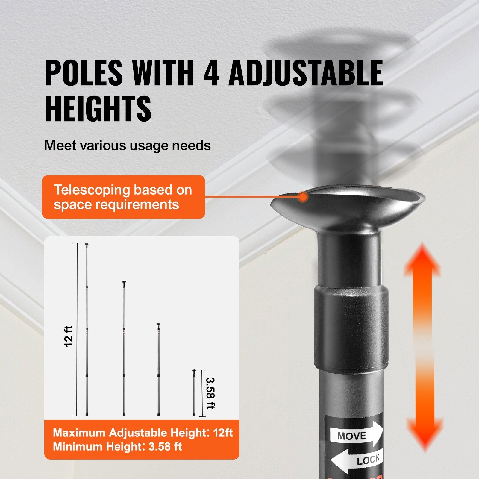 VEVOR Dust Barrier Poles, 12 Ft Barrier Poles, Dust Barrier System with 4 Telescoping Poles, Magnetic Zipper, Carry Bag and 32.8x13.12 Ft Plastic Film, for Interior Decoration, Painting 