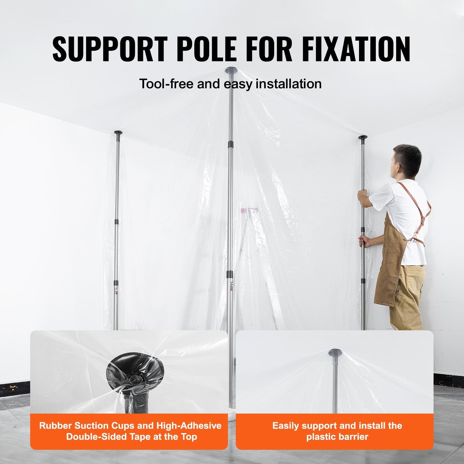 VEVOR Dust Barrier Poles, 12 Ft Barrier Poles, Dust Barrier System with 4 Telescoping Poles, Magnetic Zipper, Carry Bag and 32.8x13.12 Ft Plastic Film, for Interior Decoration, Painting 