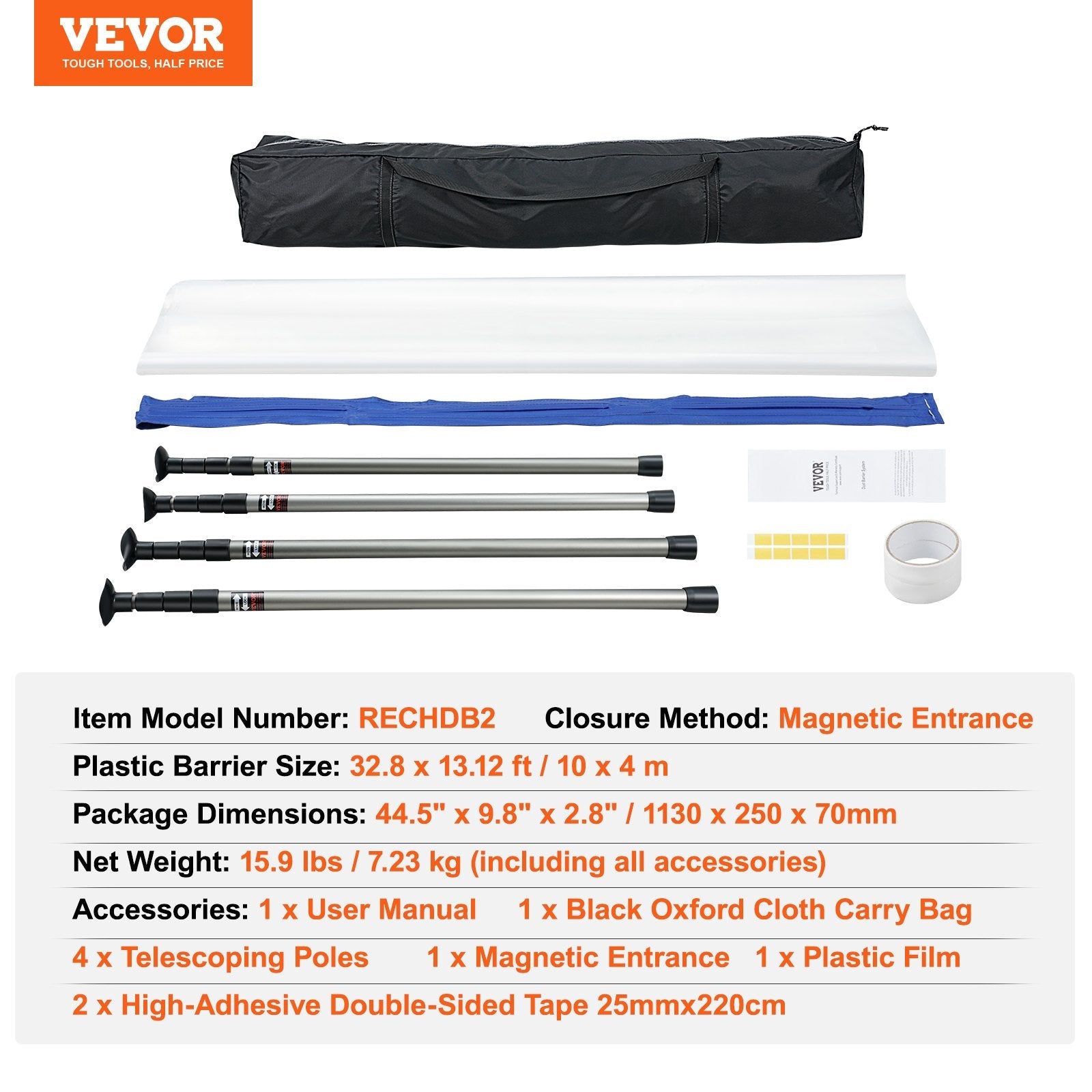 VEVOR Dust Barrier Poles, 12 Ft Barrier Poles, Dust Barrier System with 4 Telescoping Poles, Magnetic Zipper, Carry Bag and 32.8x13.12 Ft Plastic Film, for Interior Decoration, Painting 