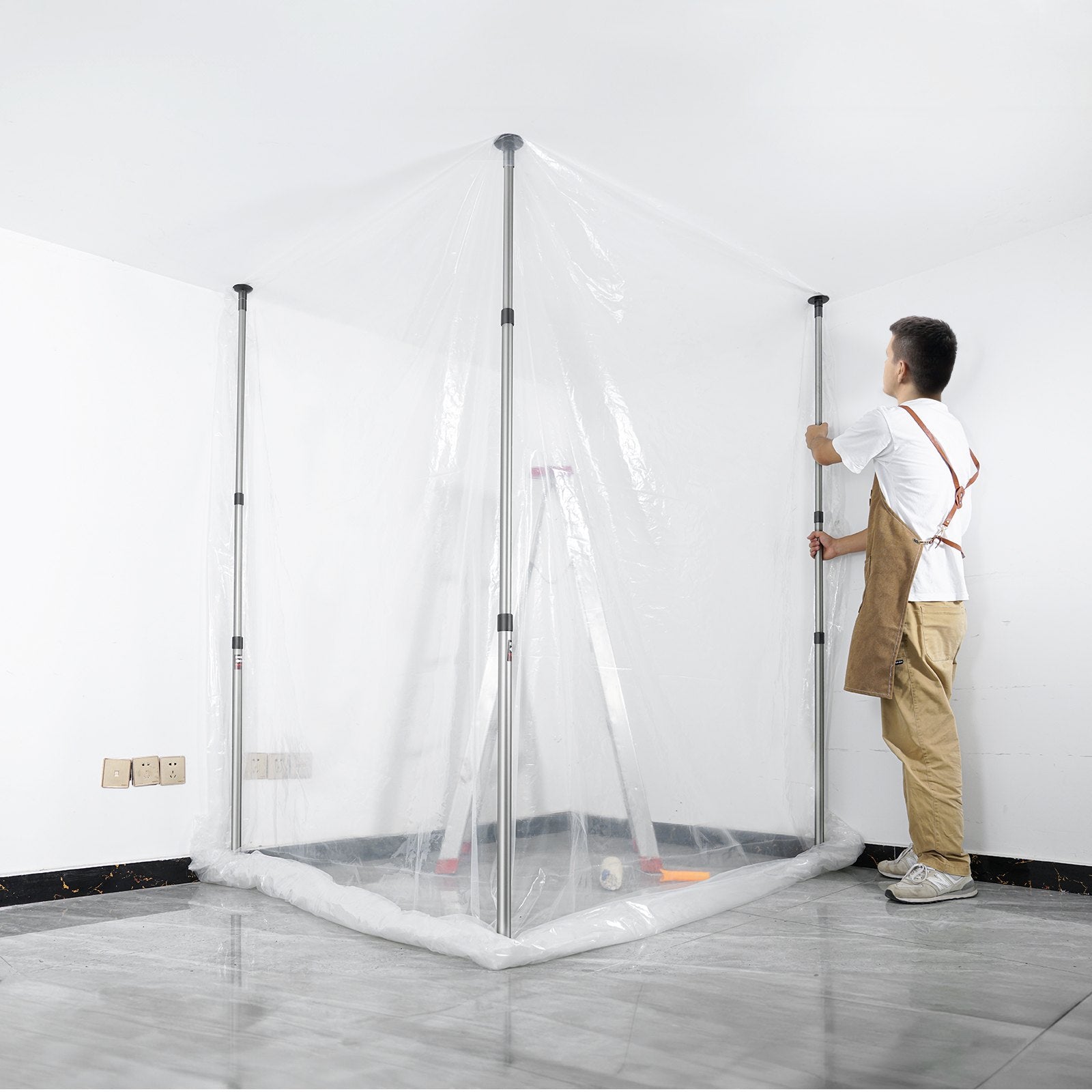 VEVOR Dust Barrier Poles, 12 Ft Barrier Poles, Dust Barrier System with 4 Telescoping Poles, Magnetic Zipper, Carry Bag and 32.8x13.12 Ft Plastic Film, for Interior Decoration, Painting 
