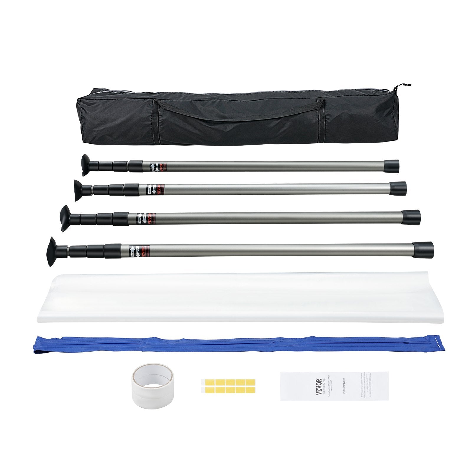 VEVOR Dust Barrier Poles, 12 Ft Barrier Poles, Dust Barrier System with 4 Telescoping Poles, Magnetic Zipper, Carry Bag and 32.8x13.12 Ft Plastic Film, for Interior Decoration, Painting 
