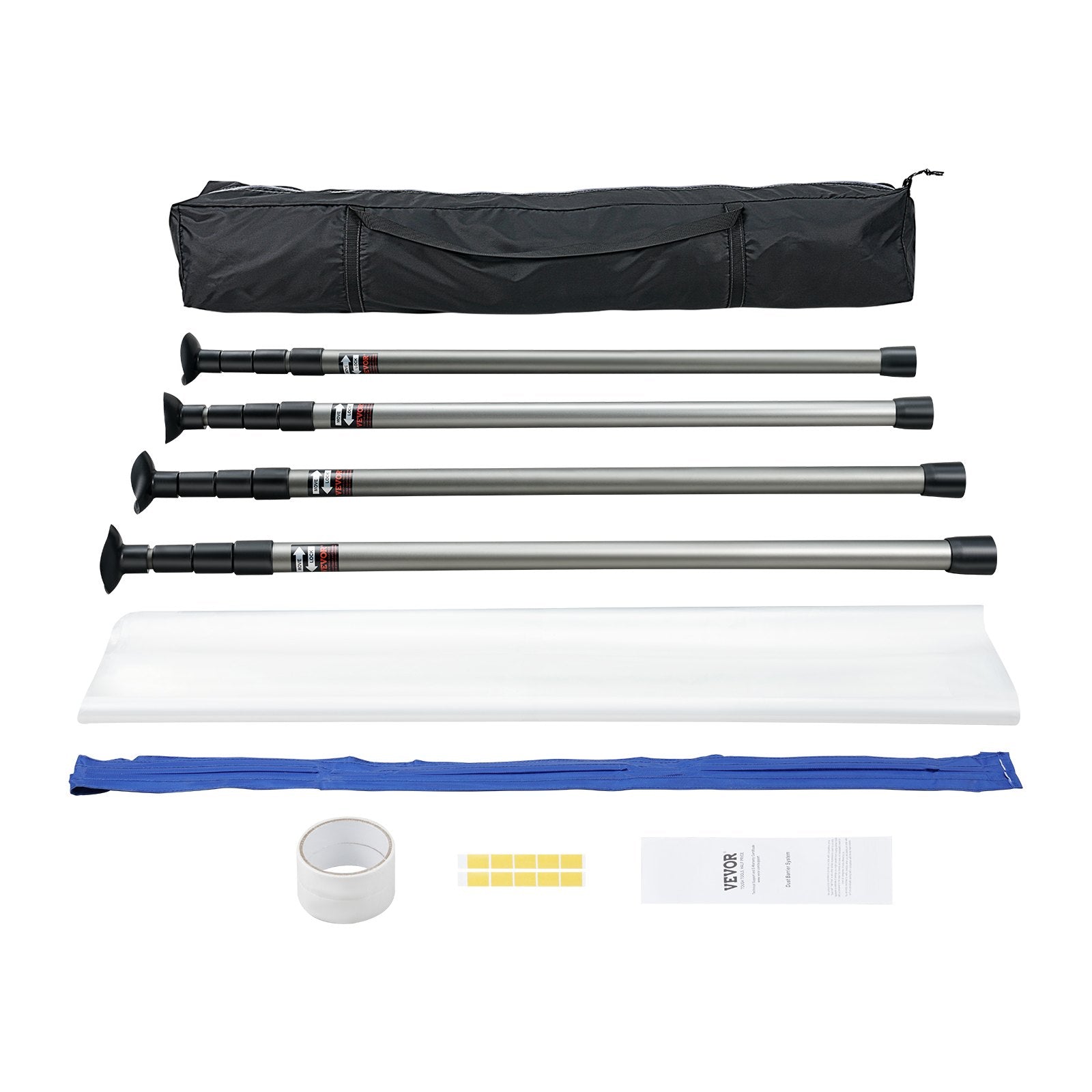 VEVOR Dust Barrier Poles, 12 Ft Barrier Poles, Dust Barrier System with 4 Telescoping Poles, Magnetic Zipper, Carry Bag and 32.8x13.12 Ft Plastic Film, for Interior Decoration, Painting 
