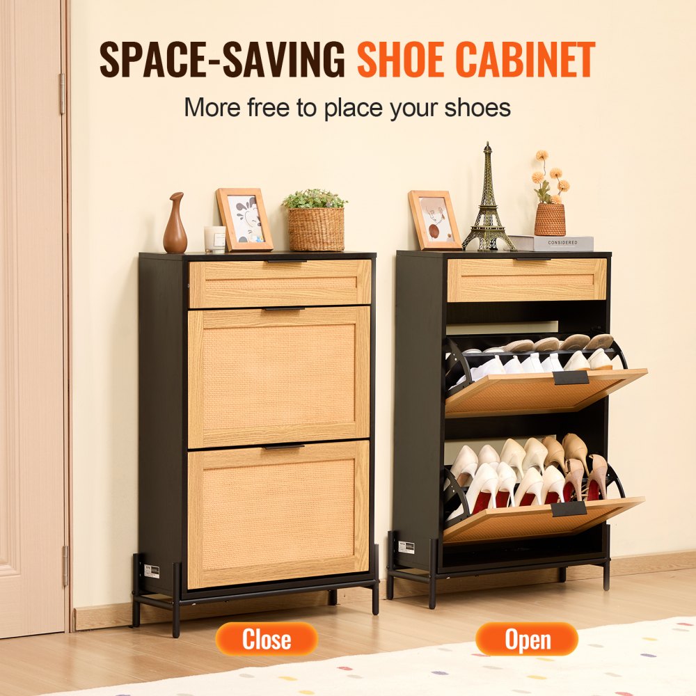 VEVOR Rattan Shoe Cabinet Shoe Organizer 2 Flip Drawers & 1 Slide Drawer Black 