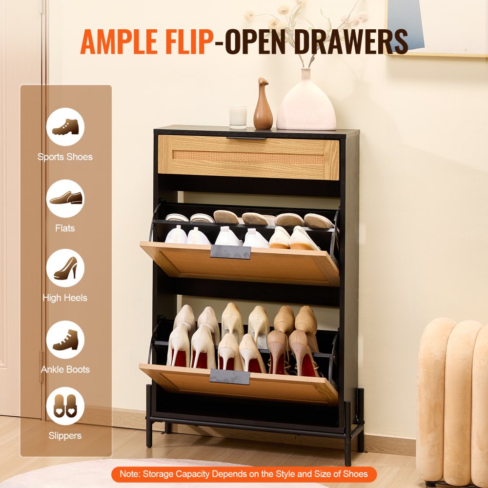 VEVOR Rattan Shoe Cabinet Shoe Organizer 2 Flip Drawers & 1 Slide Drawer Black 