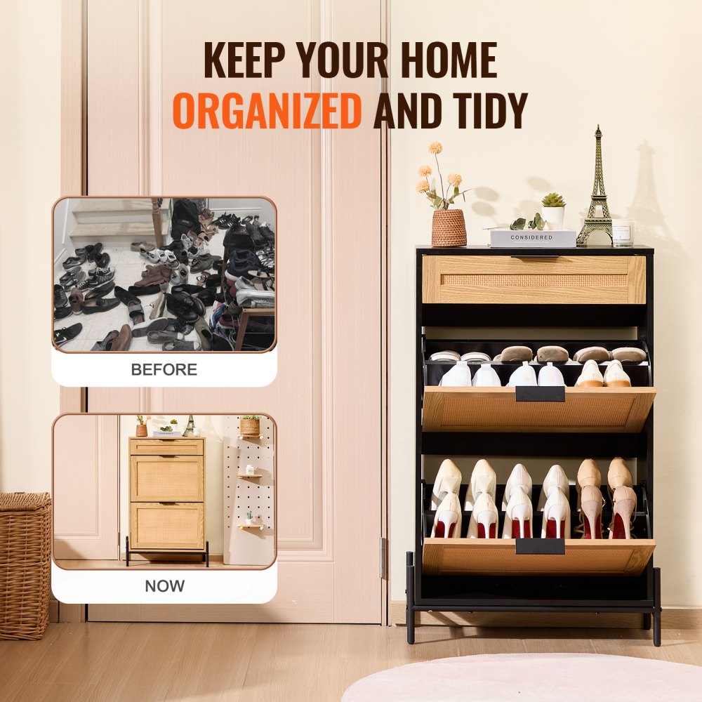 VEVOR Rattan Shoe Cabinet Shoe Organizer 2 Flip Drawers & 1 Slide Drawer Black 