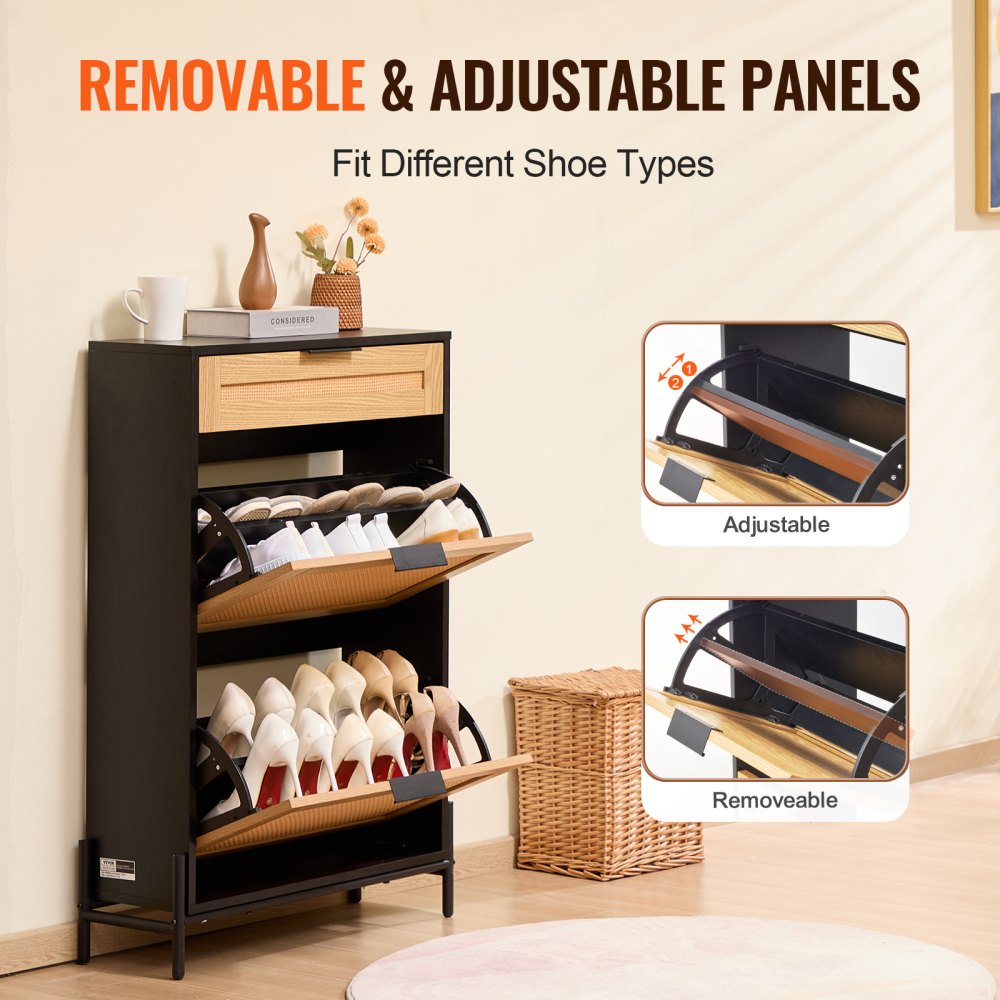 VEVOR Rattan Shoe Cabinet Shoe Organizer 2 Flip Drawers & 1 Slide Drawer Black 