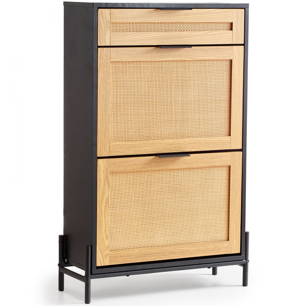 VEVOR Rattan Shoe Cabinet Shoe Organizer 2 Flip Drawers & 1 Slide Drawer Black 