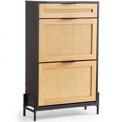 VEVOR Rattan Shoe Cabinet Shoe Organizer 2 Flip Drawers & 1 Slide Drawer Black 