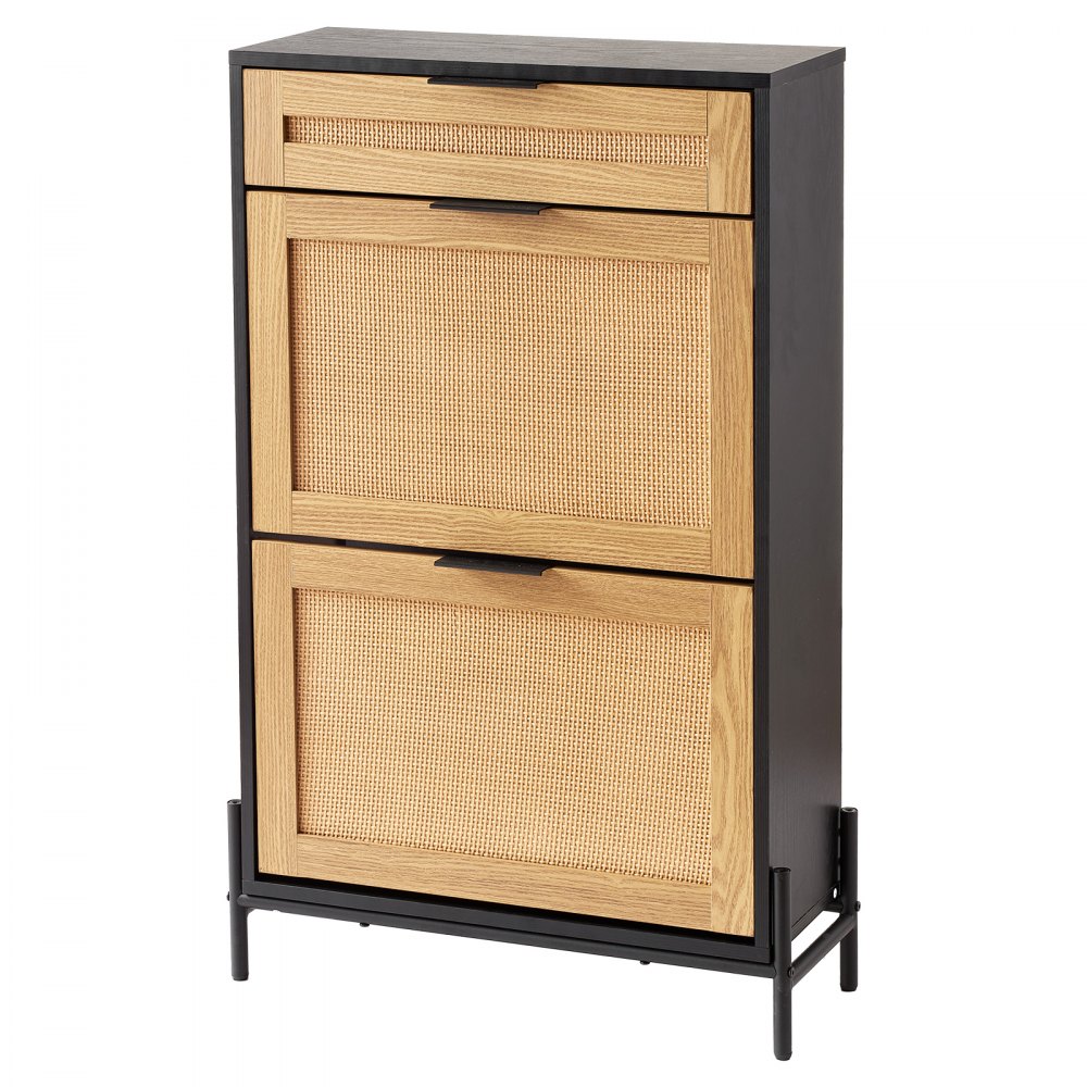 VEVOR Rattan Shoe Cabinet Shoe Organizer 2 Flip Drawers & 1 Slide Drawer Black 
