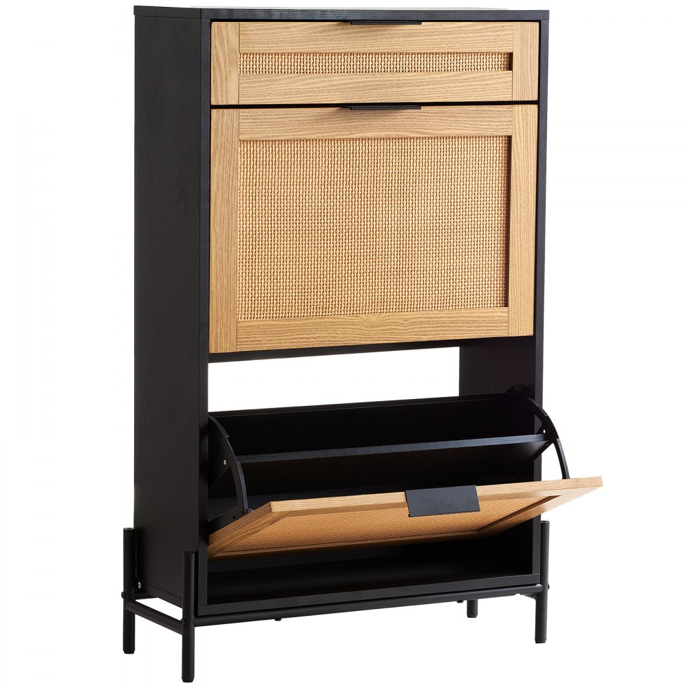 VEVOR Rattan Shoe Cabinet Shoe Organizer 2 Flip Drawers & 1 Slide Drawer Black 