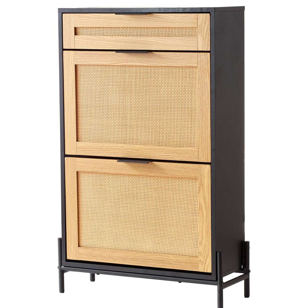 VEVOR Rattan Shoe Cabinet Shoe Organizer 2 Flip Drawers & 1 Slide Drawer Black 