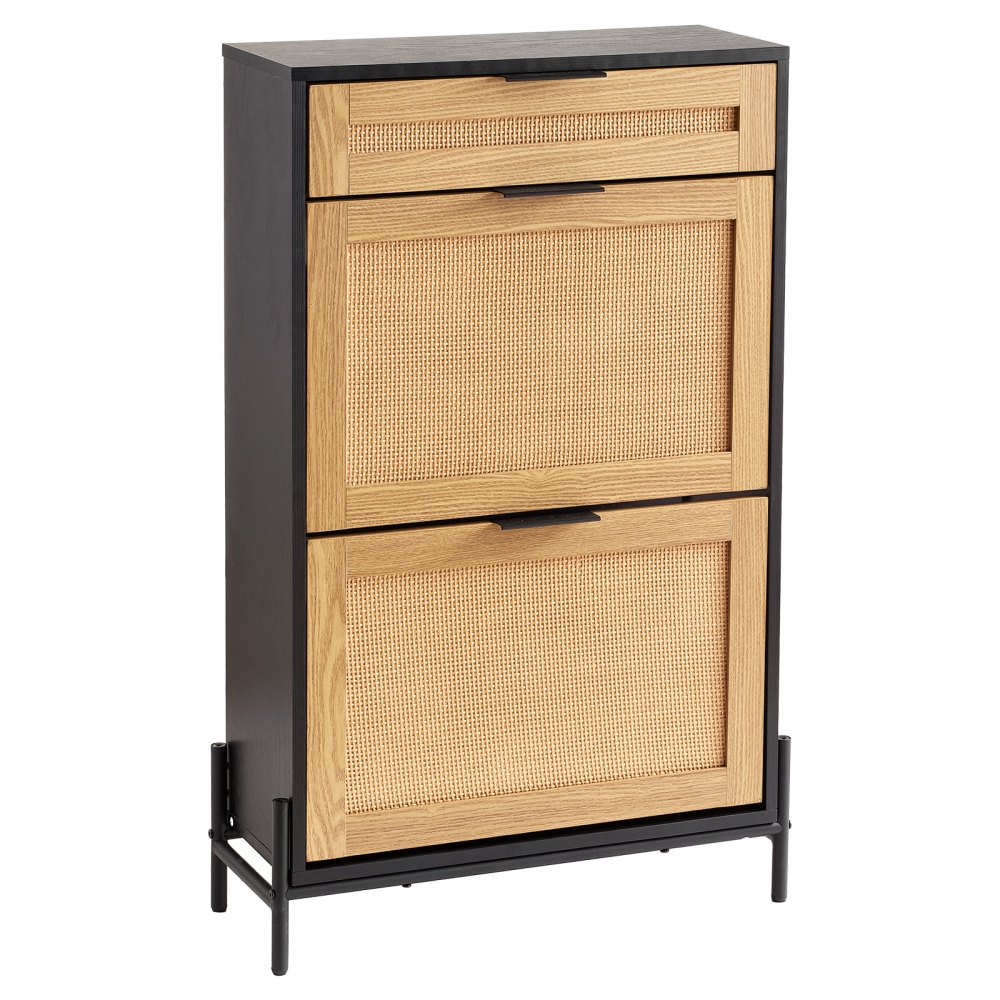 VEVOR Rattan Shoe Cabinet Shoe Organizer 2 Flip Drawers & 1 Slide Drawer Black 