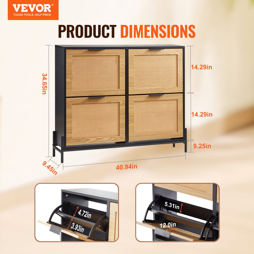 VEVOR Rattan Shoe Storage Cabinet Shoe Storage Organizer with 4 Flip Drawers 