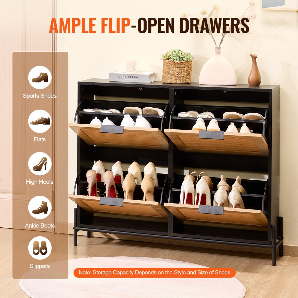 VEVOR Rattan Shoe Storage Cabinet Shoe Storage Organizer with 4 Flip Drawers 