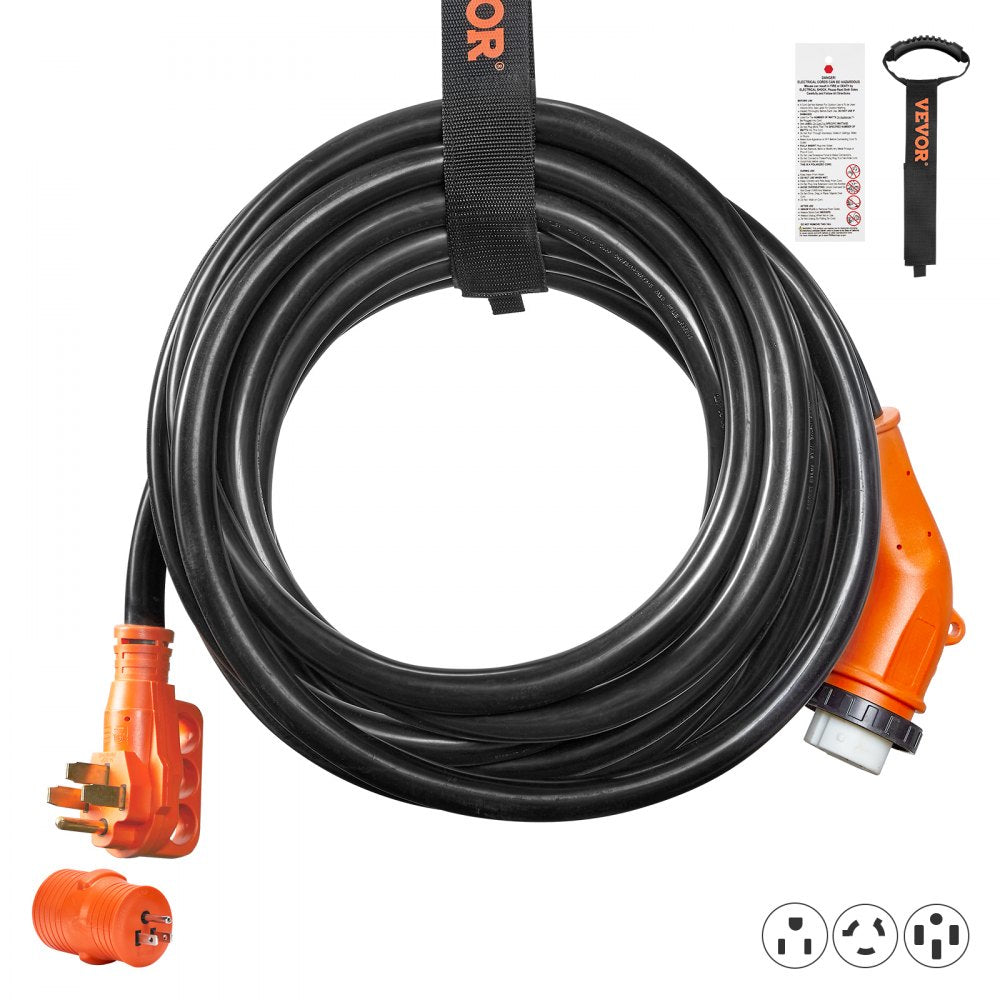 VEVOR 25 Feet RV Power Cord, 50 Amp, Heavy Duty STW 6/3 + 8/1 Generator Cord, NEMA 14-50P Male NEMA SS2-50R Female Plug, with LED Indicator Handle 15A Adapter, for RVs, generators, campers, ETL Listed 