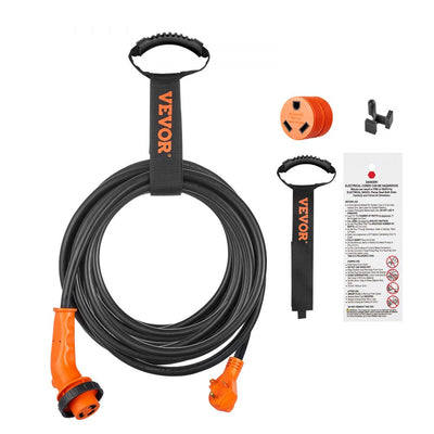 VEVOR 50 Feet RV Power Cord, 30 Amp, Heavy Duty STW 3*10AWG Generator Cord, NEMA TT-30P Male NEMA L5-30R Female Plug, with LED Indicator Handle 15A Adapter, for RVs, generators, campers, ETL Listed 