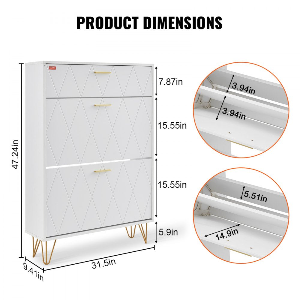 VEVOR Shoe Cabinet with 3 Flip Drawers, Shoe Storage Cabinet for Entryway, Free Standing Shoe Storage Organizer for Heels, Boots, Slippers in Hallway, Living Room 