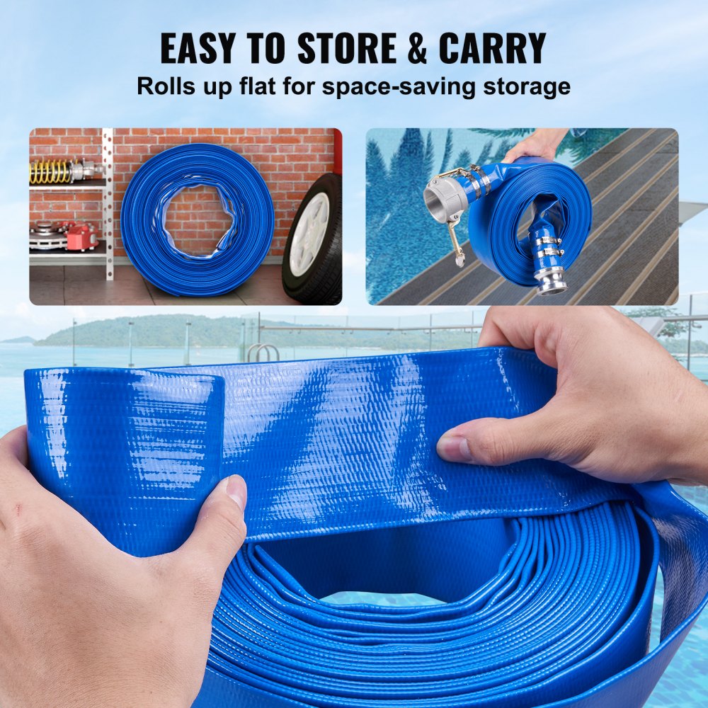 VEVOR Backwash Hose, 2 in x 50 ft, Heavy-Duty PVC Flat Pool Discharge Hose with Aluminum Camlock C & E Fittings, Clamps, Compatible with Pumps, Sand Filters, for Swimming Pools Waste Water Drain, Blue 