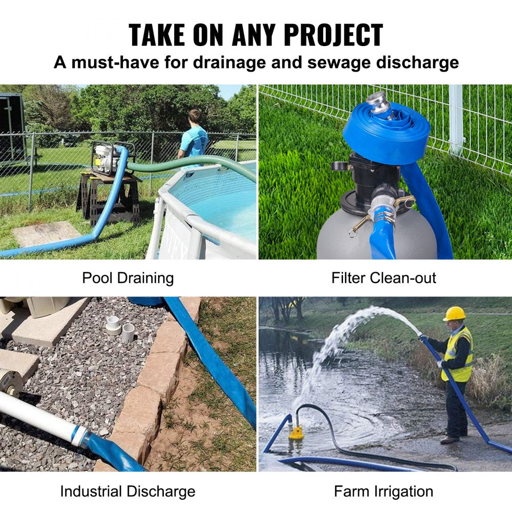 VEVOR Backwash Hose, 2 in x 50 ft, Heavy-Duty PVC Flat Pool Discharge Hose with Aluminum Camlock C & E Fittings, Clamps, Compatible with Pumps, Sand Filters, for Swimming Pools Waste Water Drain, Blue 