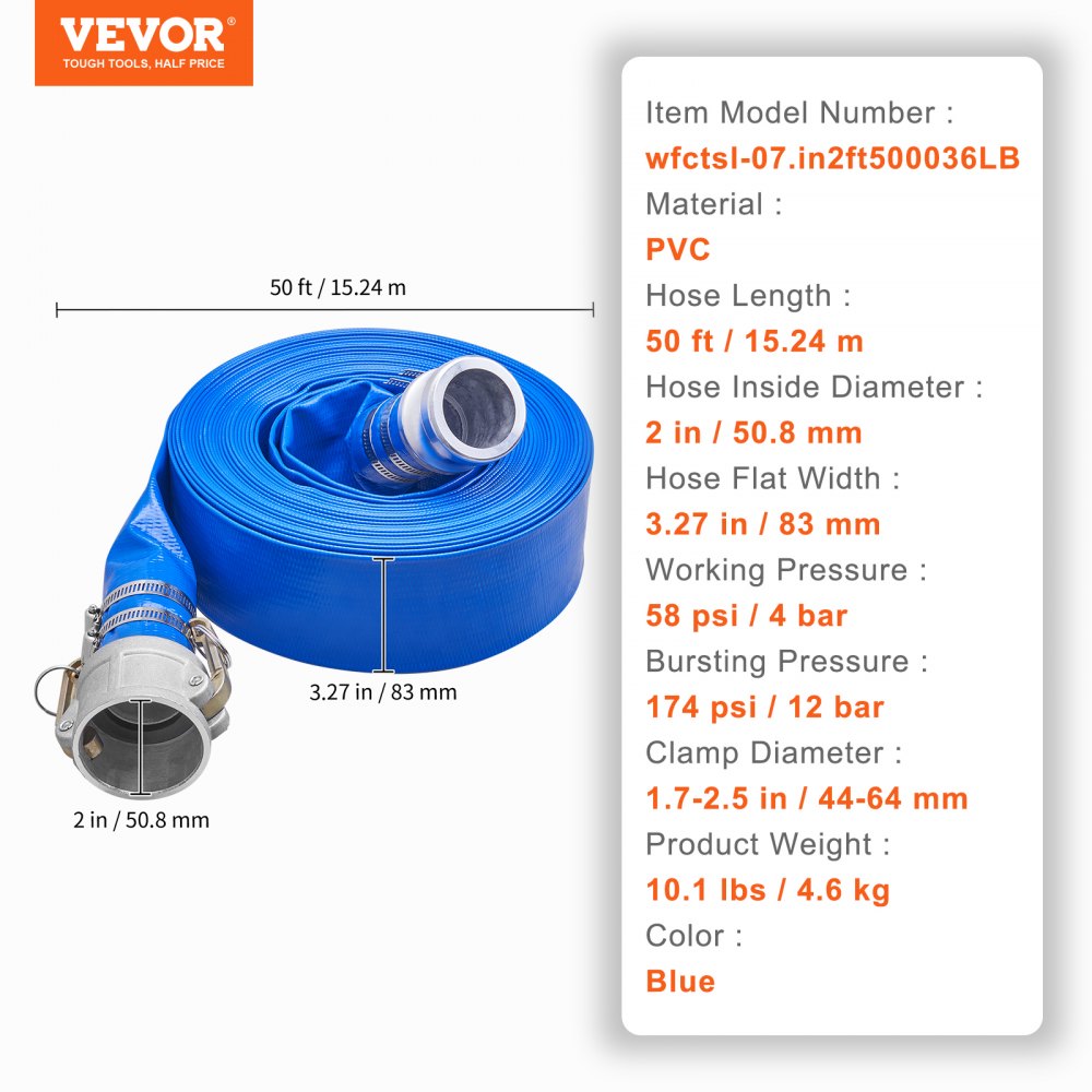 VEVOR Backwash Hose, 2 in x 50 ft, Heavy-Duty PVC Flat Pool Discharge Hose with Aluminum Camlock C & E Fittings, Clamps, Compatible with Pumps, Sand Filters, for Swimming Pools Waste Water Drain, Blue 