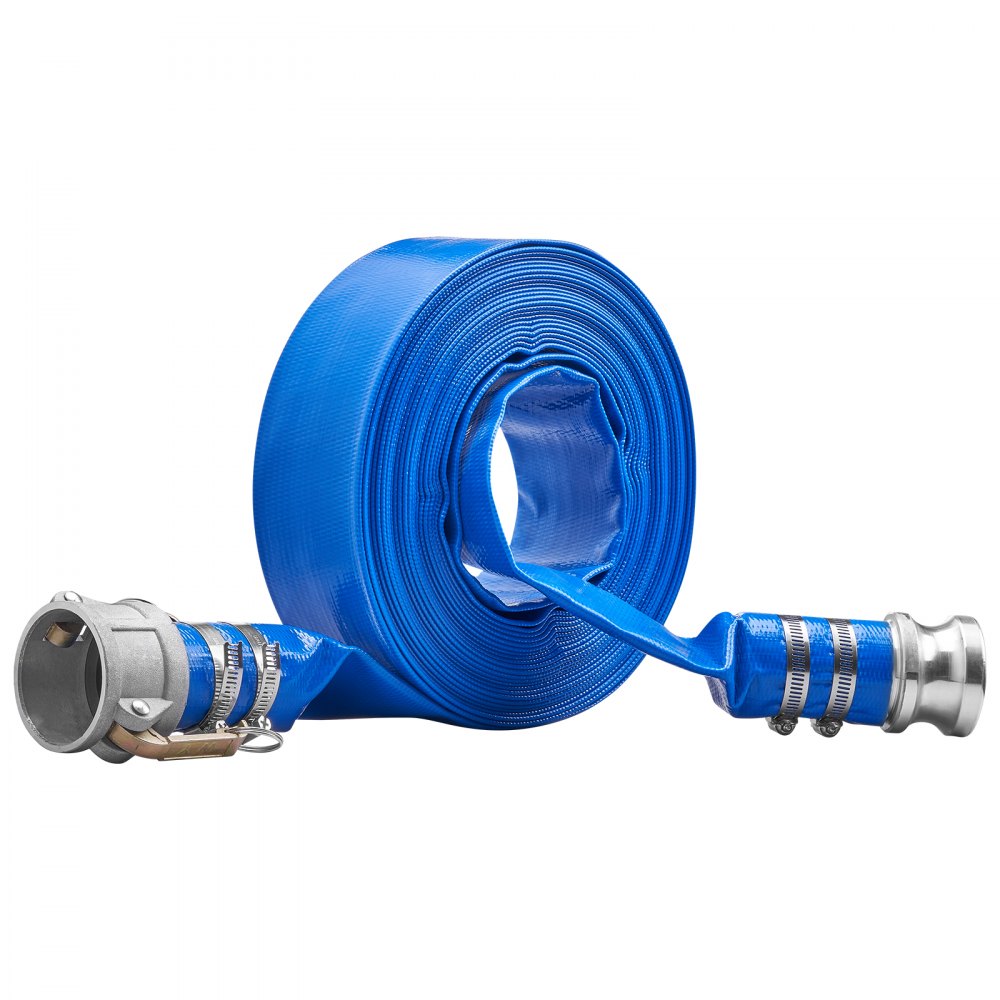 VEVOR Backwash Hose, 2 in x 50 ft, Heavy-Duty PVC Flat Pool Discharge Hose with Aluminum Camlock C & E Fittings, Clamps, Compatible with Pumps, Sand Filters, for Swimming Pools Waste Water Drain, Blue 