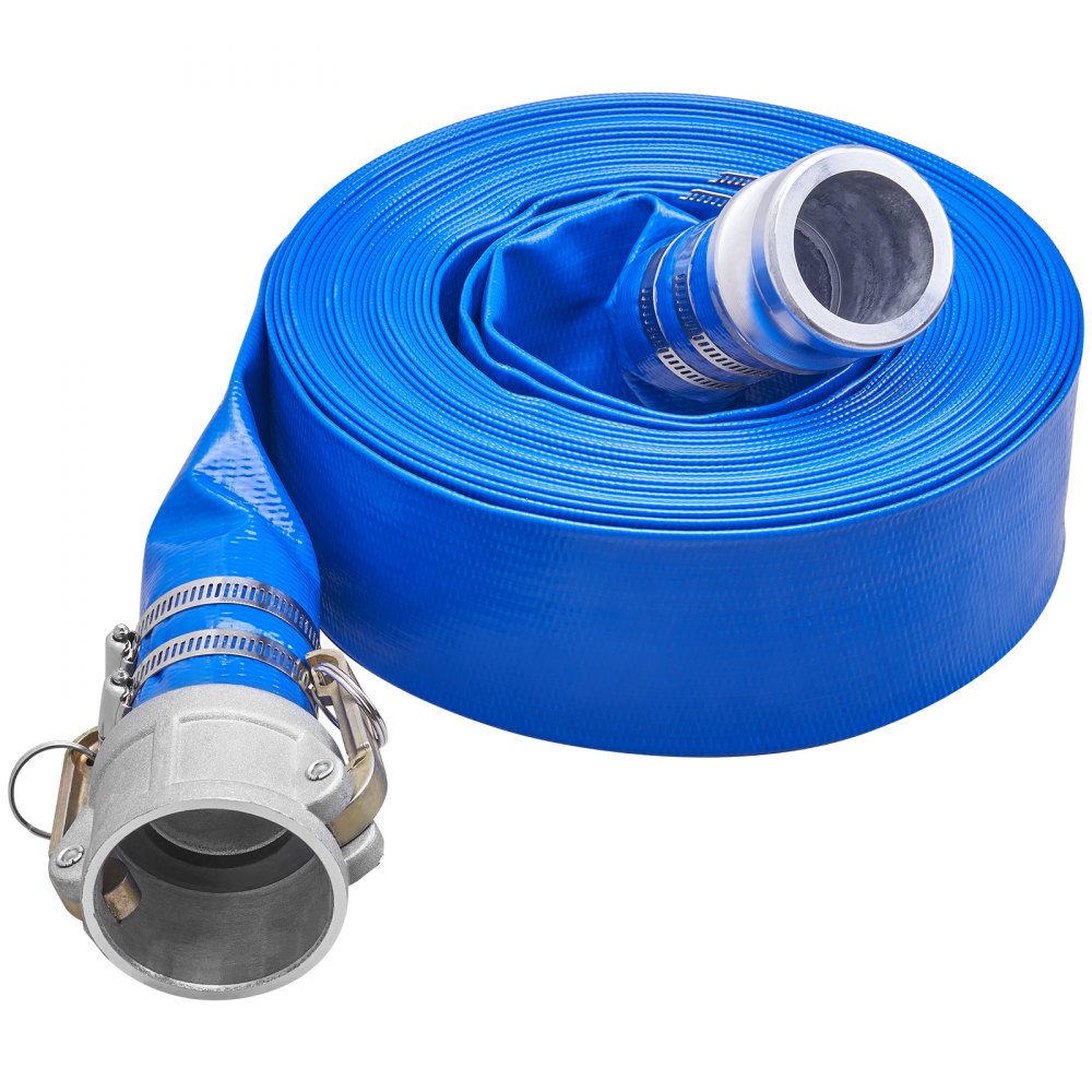 VEVOR Backwash Hose, 2 in x 50 ft, Heavy-Duty PVC Flat Pool Discharge Hose with Aluminum Camlock C & E Fittings, Clamps, Compatible with Pumps, Sand Filters, for Swimming Pools Waste Water Drain, Blue 
