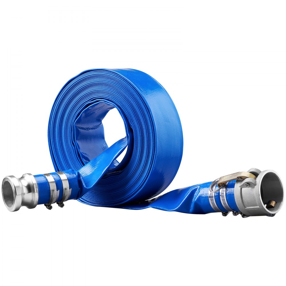 VEVOR Backwash Hose, 2 in x 50 ft, Heavy-Duty PVC Flat Pool Discharge Hose with Aluminum Camlock C & E Fittings, Clamps, Compatible with Pumps, Sand Filters, for Swimming Pools Waste Water Drain, Blue 