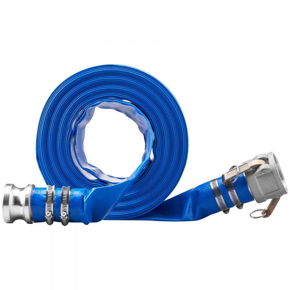 VEVOR Backwash Hose, 2 in x 50 ft, Heavy-Duty PVC Flat Pool Discharge Hose with Aluminum Camlock C & E Fittings, Clamps, Compatible with Pumps, Sand Filters, for Swimming Pools Waste Water Drain, Blue 
