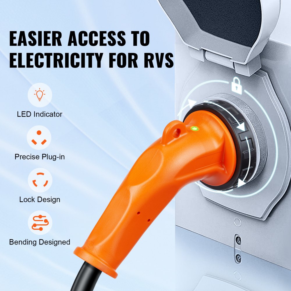VEVOR 15 Feet RV Power Cord, 30 Amp, Heavy Duty STW 3*10AWG Generator Cord, NEMA TT-30P Male NEMA L5-30R Female Plug, with LED Indicator Handle 15A Adapter, for RVs, generators, campers, ETL Listed 