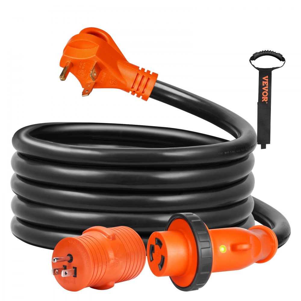VEVOR 15 Feet RV Power Cord, 30 Amp, Heavy Duty STW 3*10AWG Generator Cord, NEMA TT-30P Male NEMA L5-30R Female Plug, with LED Indicator Handle 15A Adapter, for RVs, generators, campers, ETL Listed 