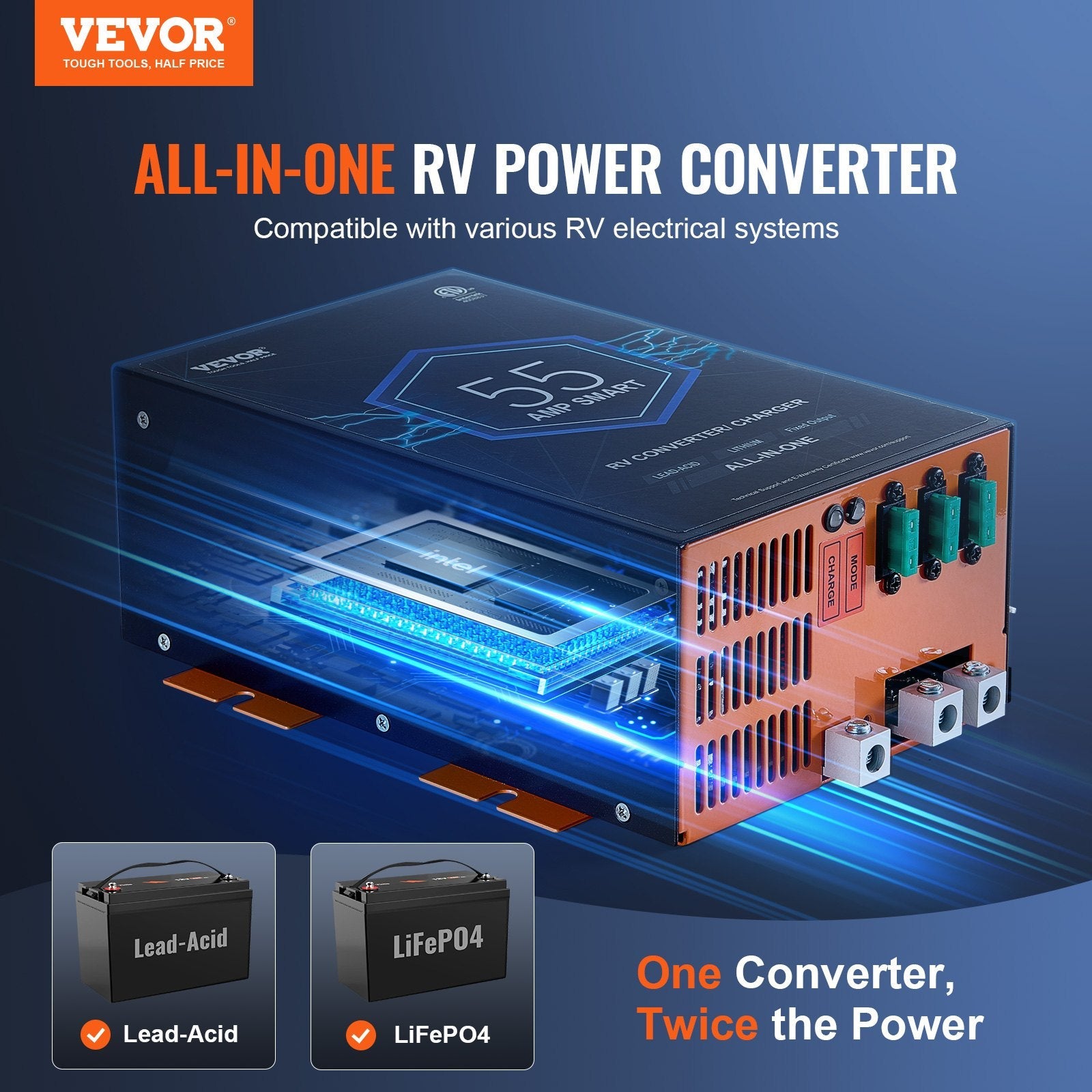 VEVOR RV Converter 55 Amp 110V AC to 12V DC RV Power Converter Battery Charger 