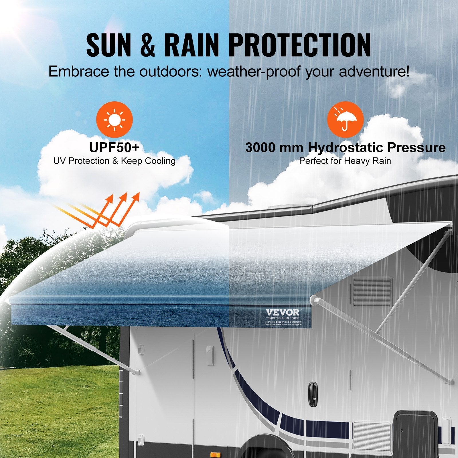 VEVOR RV Awning Fabric Replacement, 11'2" Fabric Length for 12' Awning, Heavy Duty 3-Ply 16oz PVC Camper Awning Fabric, Waterproof & UV Protection Outdoor Canopy for RV, Trailer, Motorhome, Blue Fade 