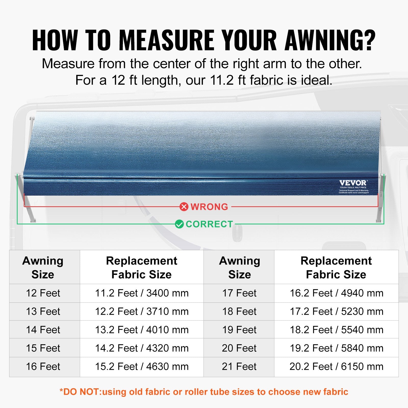 VEVOR RV Awning Fabric Replacement, 11'2" Fabric Length for 12' Awning, Heavy Duty 3-Ply 16oz PVC Camper Awning Fabric, Waterproof & UV Protection Outdoor Canopy for RV, Trailer, Motorhome, Blue Fade 