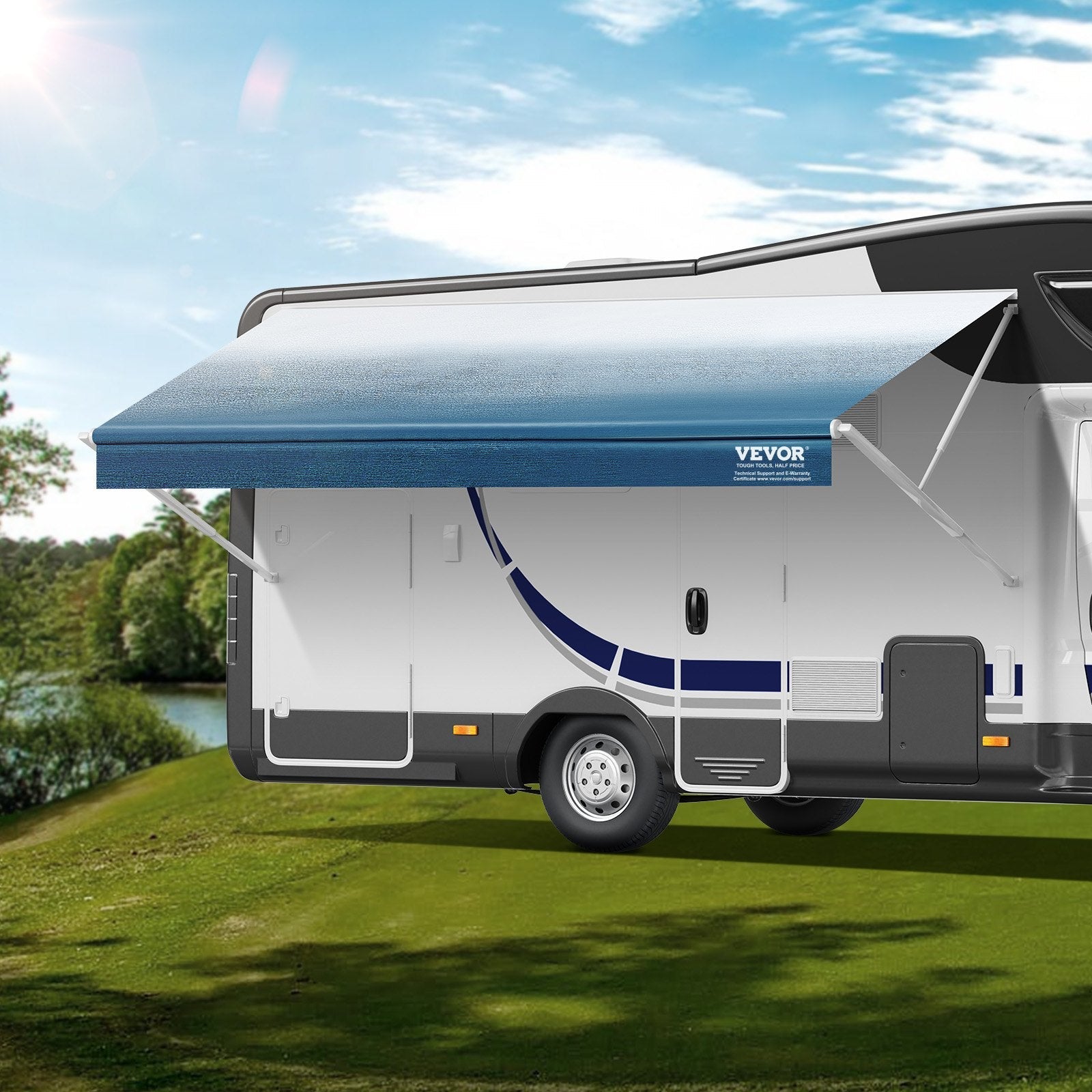 VEVOR RV Awning Fabric Replacement, 11'2" Fabric Length for 12' Awning, Heavy Duty 3-Ply 16oz PVC Camper Awning Fabric, Waterproof & UV Protection Outdoor Canopy for RV, Trailer, Motorhome, Blue Fade 