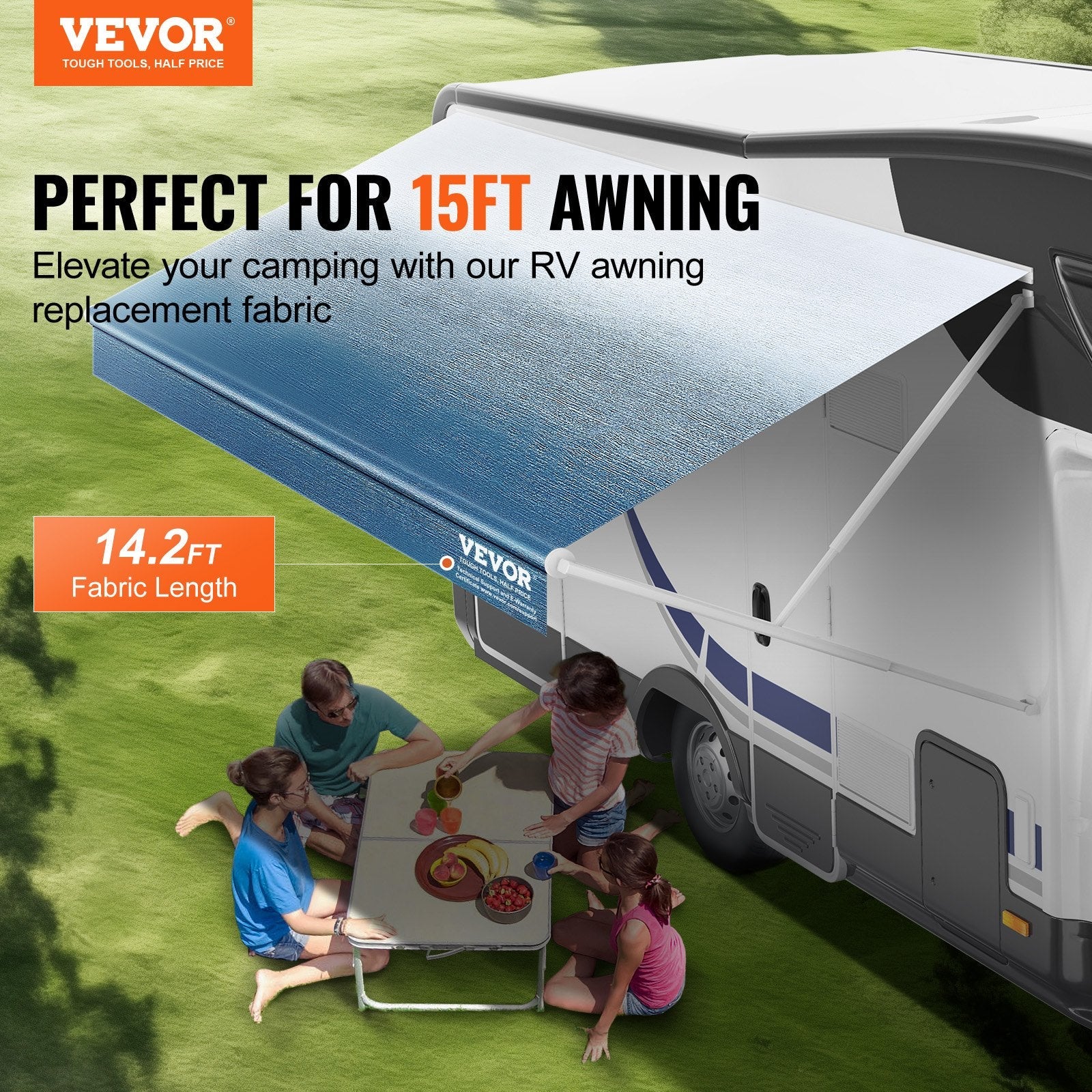 VEVOR RV Awning Fabric Replacement, 14'2" Fabric Length for 15' Awning, Heavy Duty 3-Ply 16oz PVC Camper Awning Fabric, Waterproof & UV Protection Outdoor Canopy for RV, Trailer, Motorhome, Blue Fade 