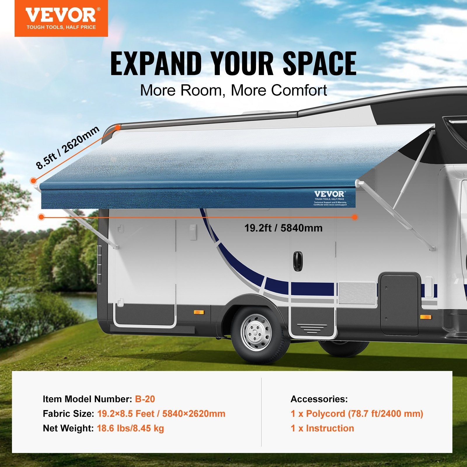 VEVOR RV Awning Fabric Replacement, 19'2" Fabric Length for 20' Awning, Heavy Duty 3-Ply 16oz PVC Camper Awning Fabric, Waterproof & UV Protection Outdoor Canopy for RV, Trailer, Motorhome, Blue Fade 
