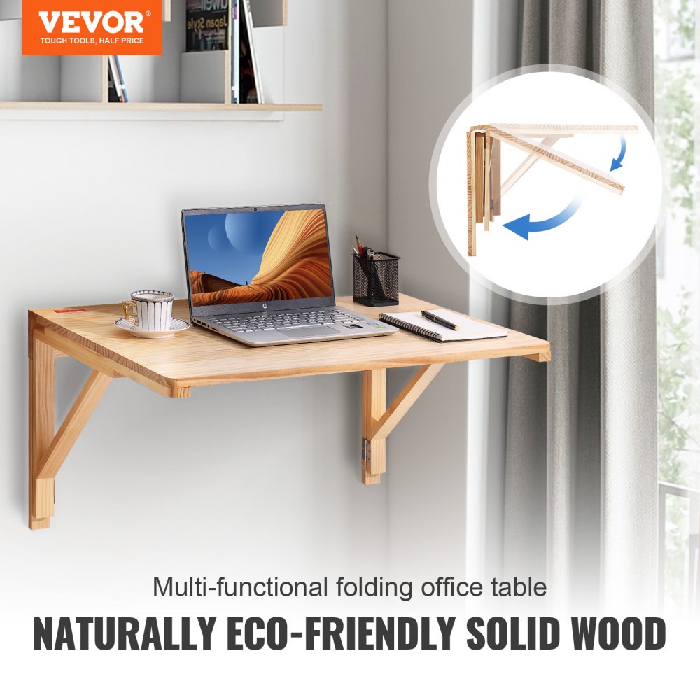 VEVOR Wall Mounted Folding Table, Wall Mounted Drop Leaf Tables, Solid Wood Floating Desk for Dining, Laundry Room, Office, 31.5" x 23.58" x 17.24" Fold Down Desk 