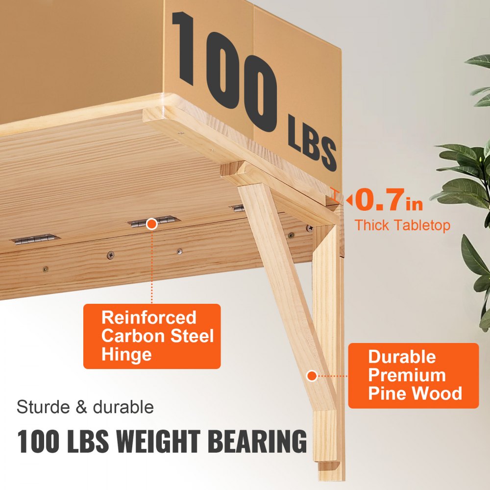 VEVOR Wall Mounted Folding Table, Wall Mounted Drop Leaf Tables, Solid Wood Floating Desk for Dining, Laundry Room, Office, 31.5" x 23.58" x 17.24" Fold Down Desk 