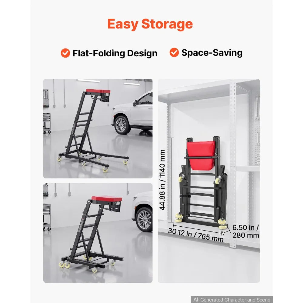 Adjustable Top Automotive Creeper, 48"–64" Folding High Top Engine Creeper with Mechanical Arm, 400 lb Capacity