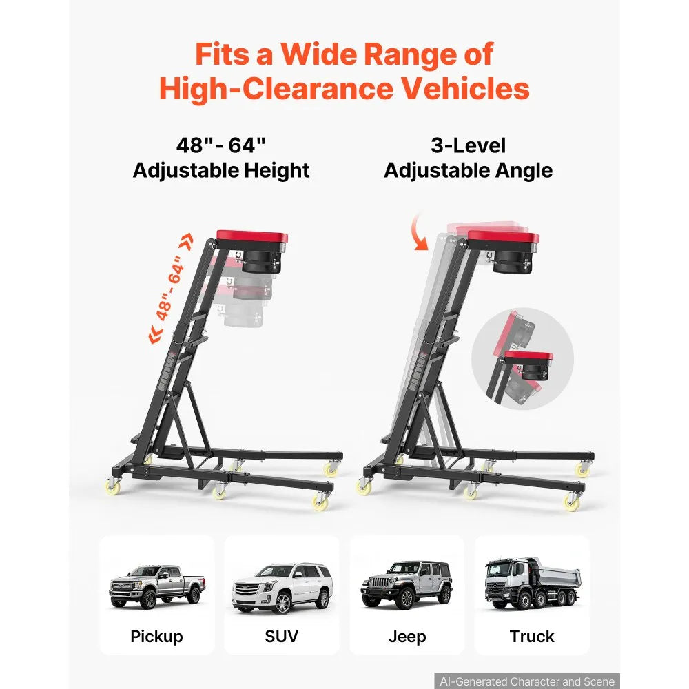 Adjustable Top Automotive Creeper, 48"–64" Folding High Top Engine Creeper with Mechanical Arm, 400 lb Capacity