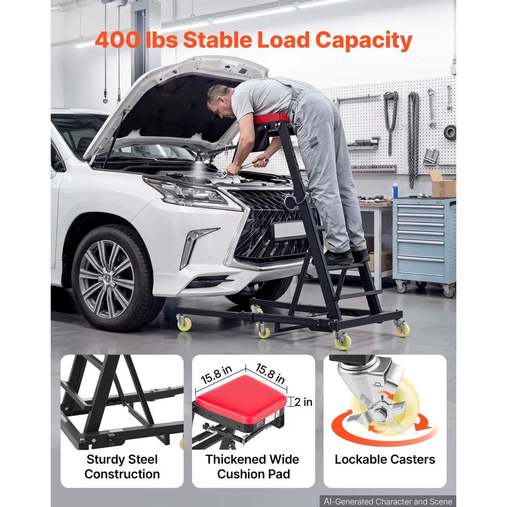 Adjustable Top Automotive Creeper, 48"–64" Folding High Top Engine Creeper with Mechanical Arm, 400 lb Capacity