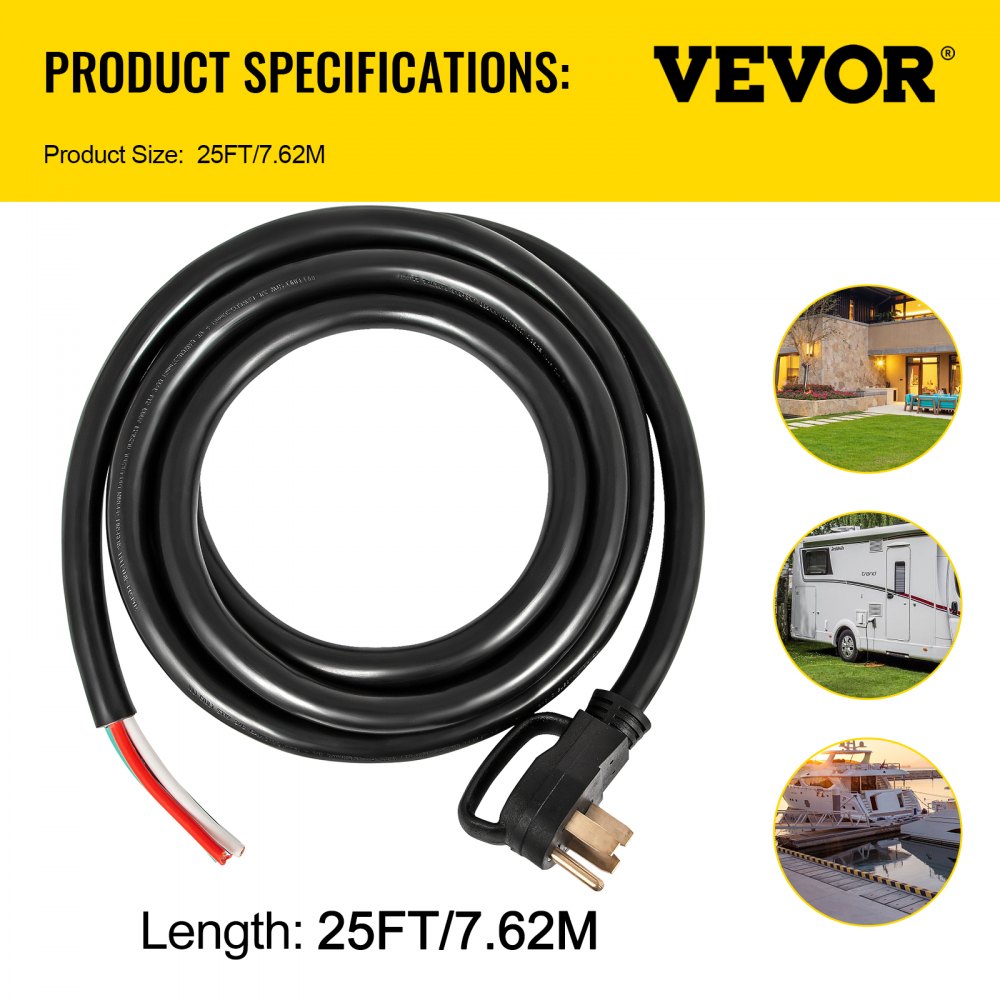 25' 50A RV Camp Power Cord Generator Cord 6/3 + 8/1 AWG NEMA 14-50P to Bare Wire 