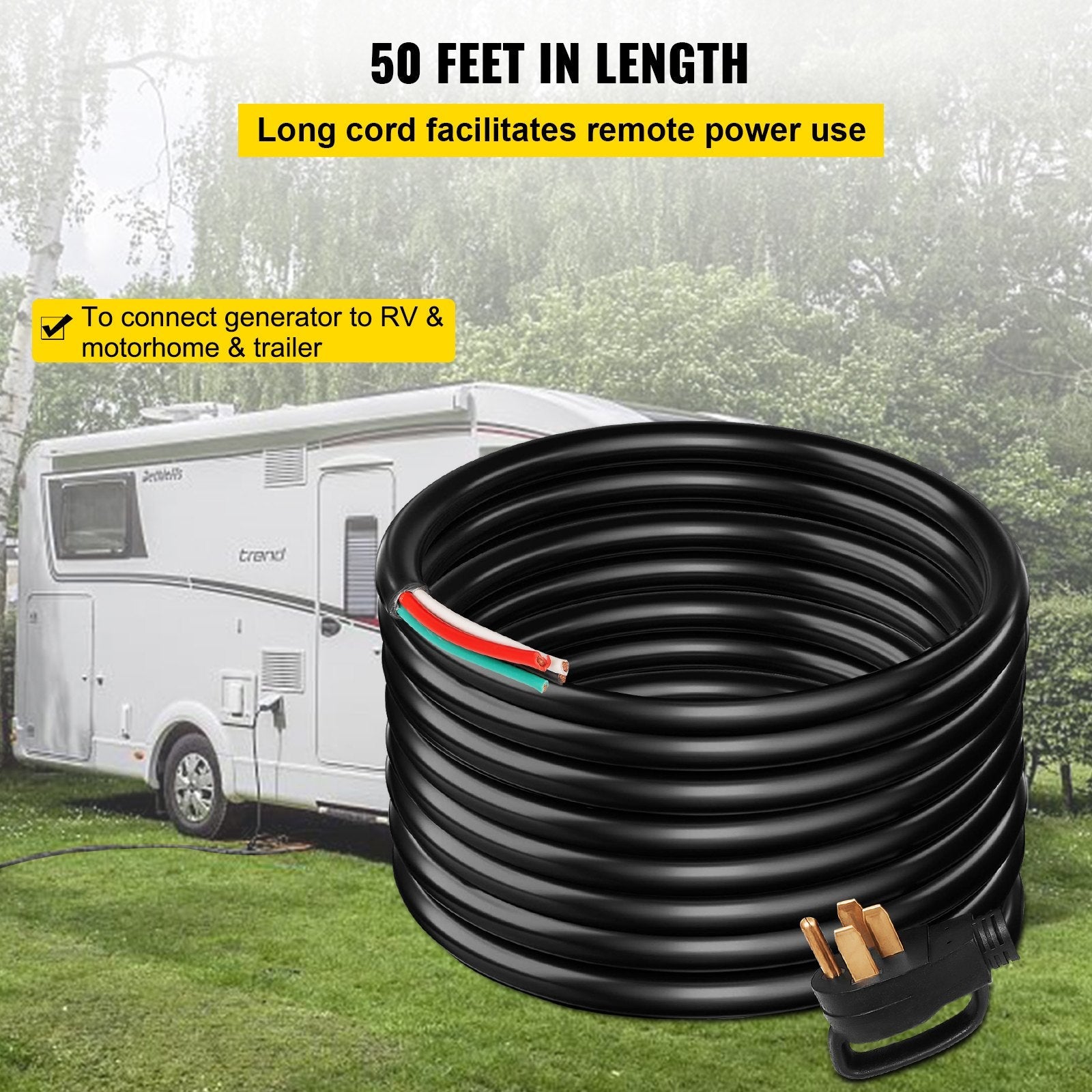 40' 50A RV Camp Power Cord Generator Cord 6/3 + 8/1 AWG NEMA 14-50P to Bare Wire 