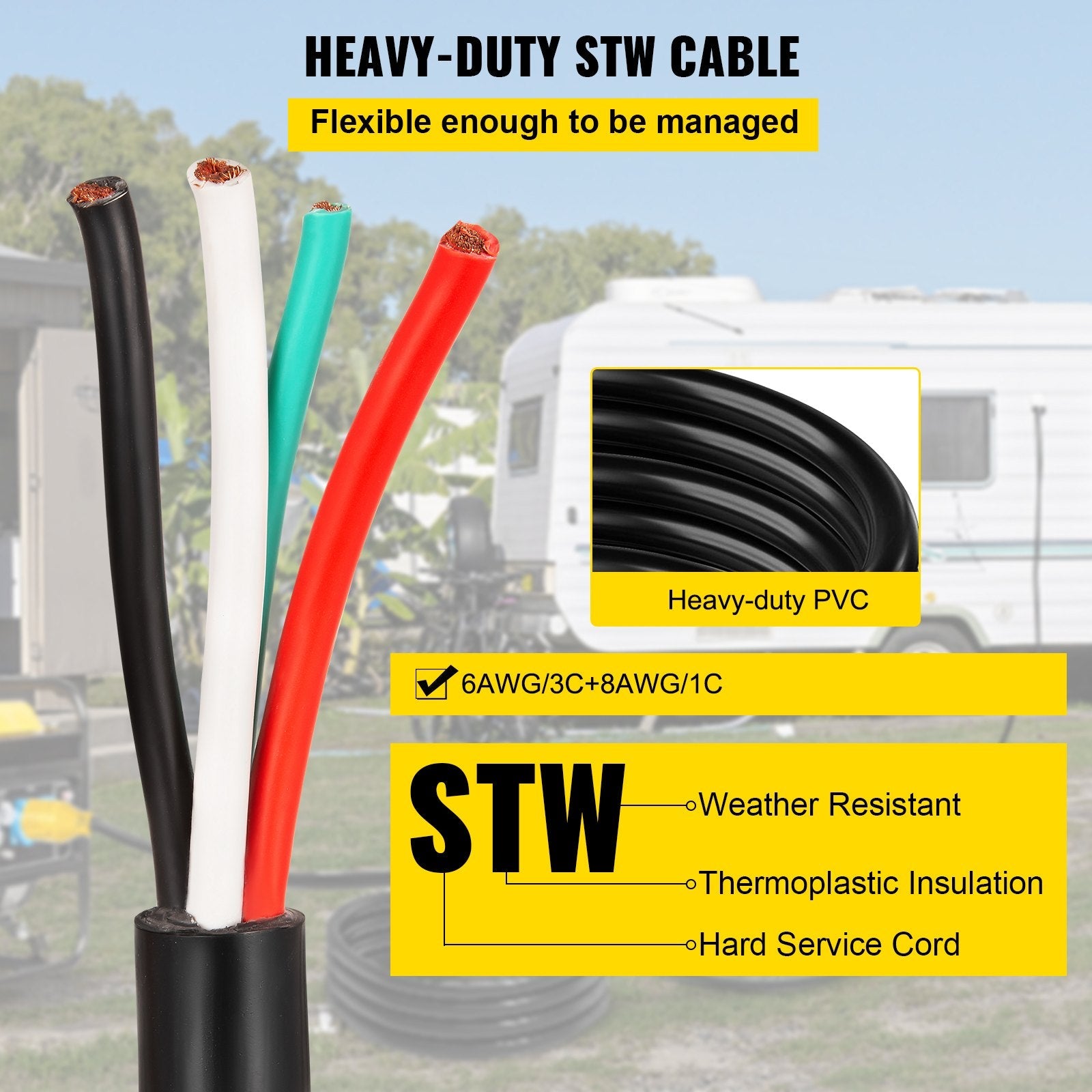 40' 50A RV Camp Power Cord Generator Cord 6/3 + 8/1 AWG NEMA 14-50P to Bare Wire 
