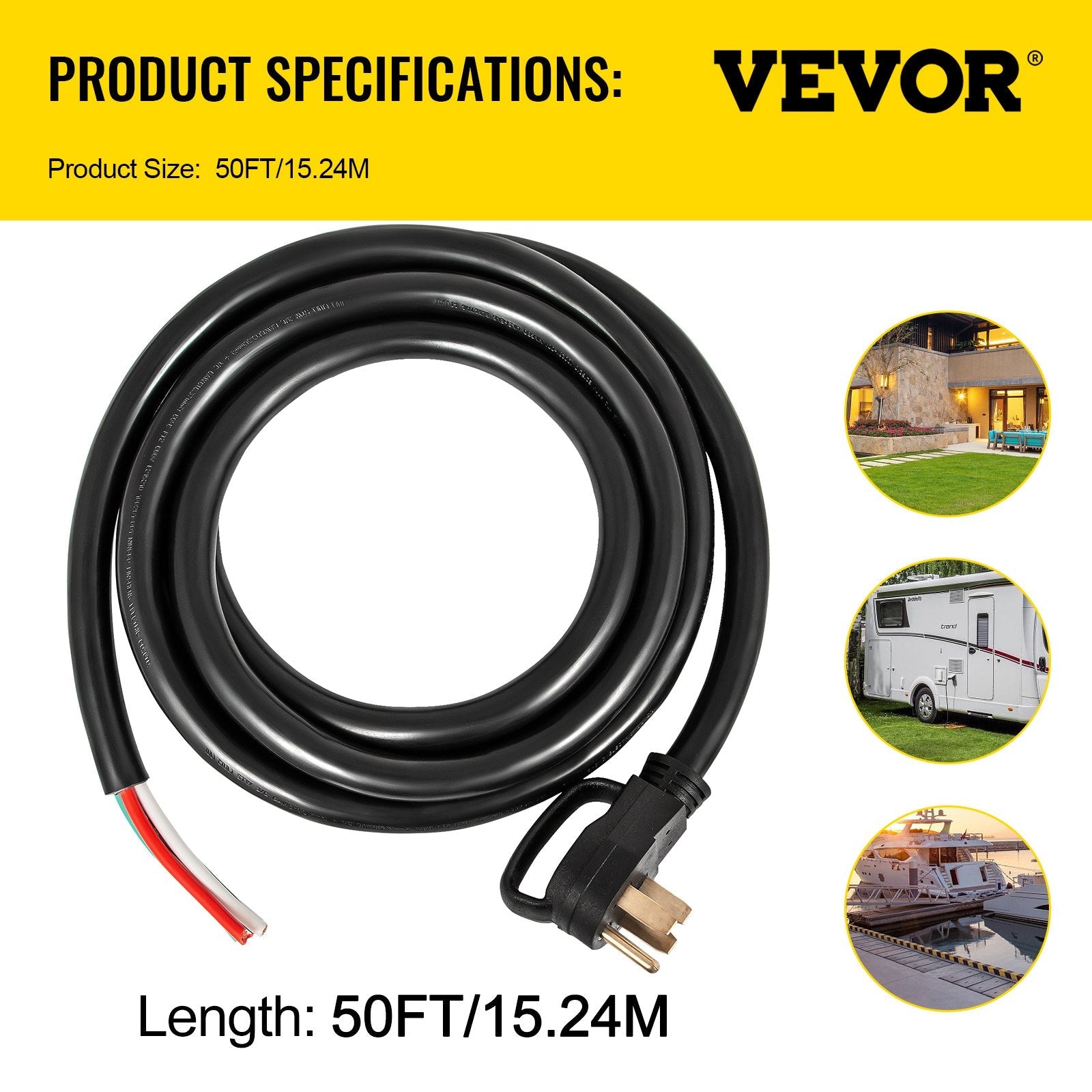 40' 50A RV Camp Power Cord Generator Cord 6/3 + 8/1 AWG NEMA 14-50P to Bare Wire 