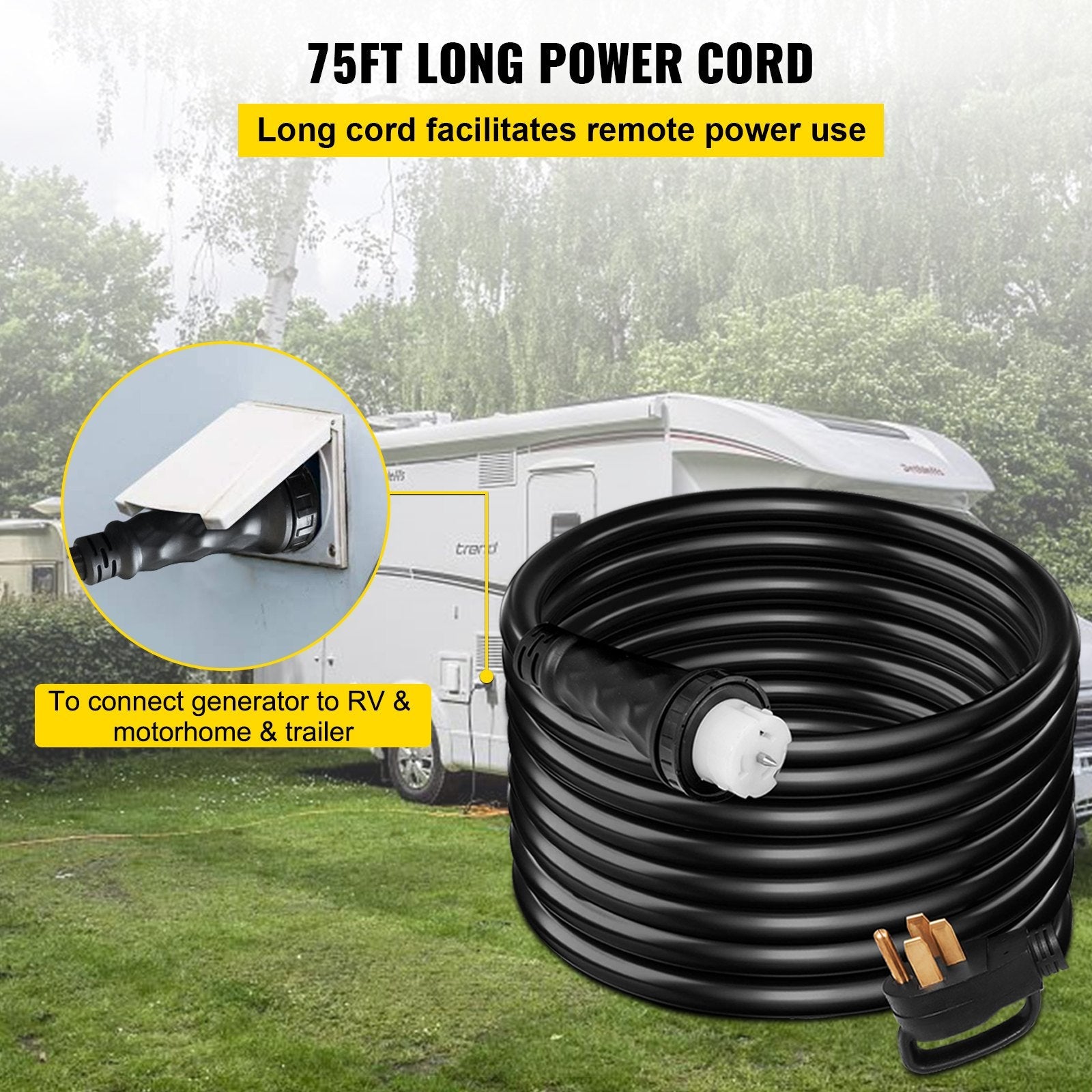VEVOR 75Ft 50 Amp Generator Extension Cord 6AWG/3C+8AWG/1C Generator Cord 125V 250V Generator Power Cord N14-50P & SS2-50R & CS6364 Twist Lock Connectors 