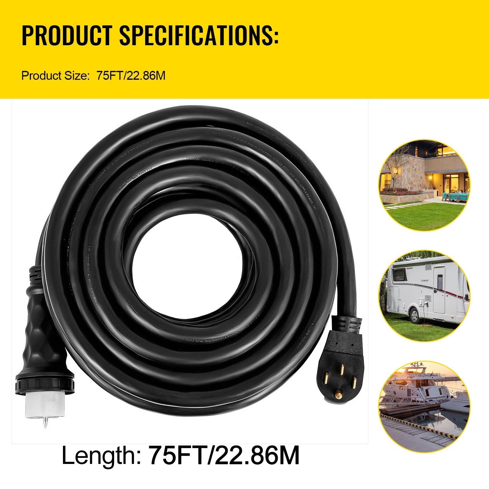 VEVOR 75Ft 50 Amp Generator Extension Cord 6AWG/3C+8AWG/1C Generator Cord 125V 250V Generator Power Cord N14-50P & SS2-50R & CS6364 Twist Lock Connectors 