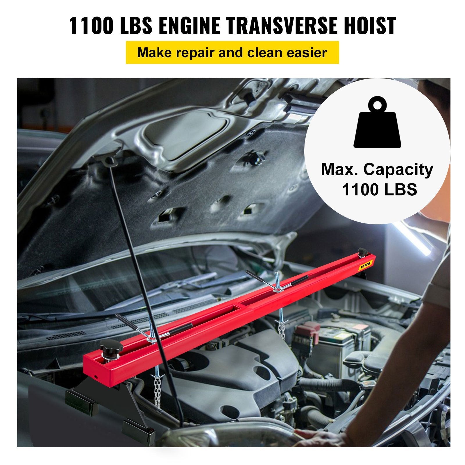 VEVOR Engine Support Bar 1100 Lbs Capacity Engine Transverse Bar Engine Hoist 2 Point Lift Holder Hoist Dual Hooks, Engine Hoist Keeps Engine Stable for Home Garages & Auto Repair Shop 