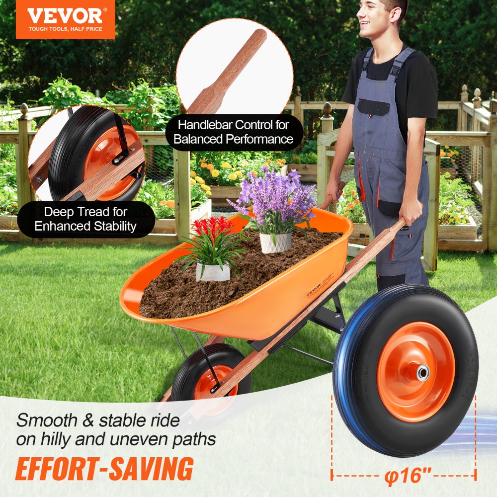 VEVOR Wheelbarrow Cart One Wheel 6 Cu Ft Garden Dump Cart 330 lbs Utility Cart 